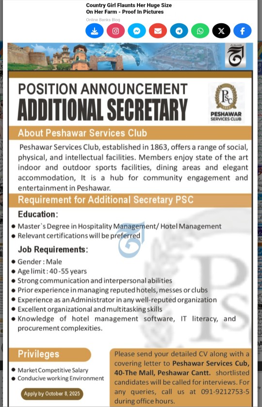 Peshawar Services Club  jobs 2025
