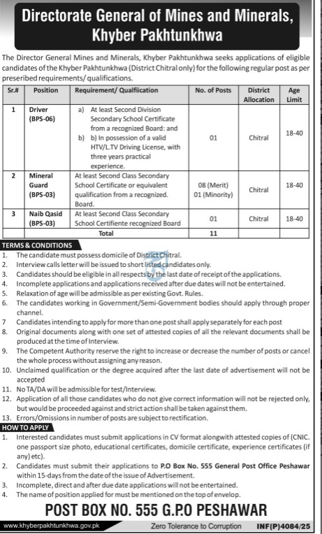 Directorate General Of Mines And Minerals Khyber Pakhtunkhwa jobs 2025