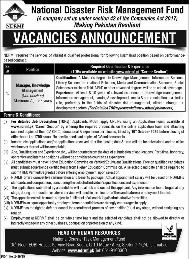 National Disaster Risk Management Fund Jobs 2025