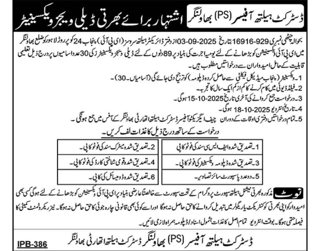 District Health Office Bahawalnager jobs 2025