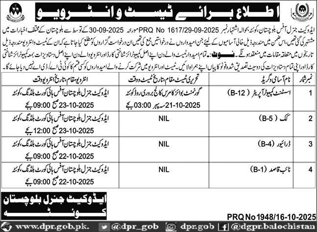 Advocate General Office Balochistan Jobs 2025