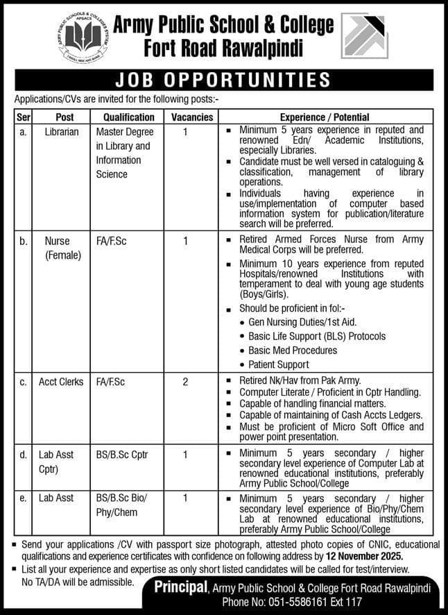 Army public school and college Jobs 2025