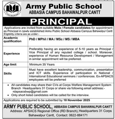 Army Public School Jobs 2025