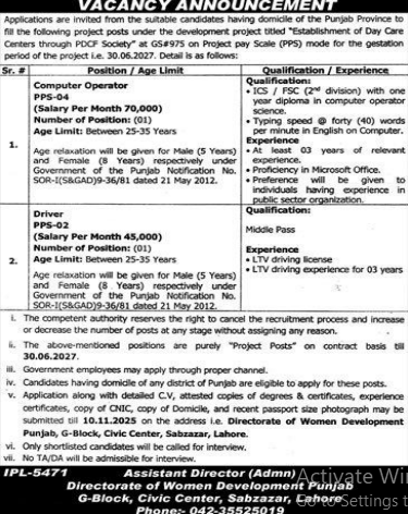 Directorate of women development Punjab Jobs 2025