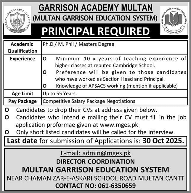 Garrison academy multan Jobs 2025