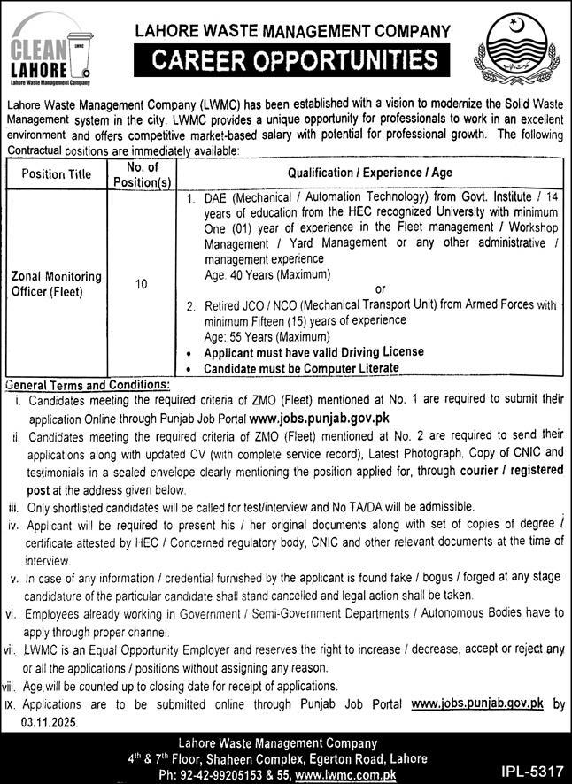 Lahore Waste Management Company Jobs 2025