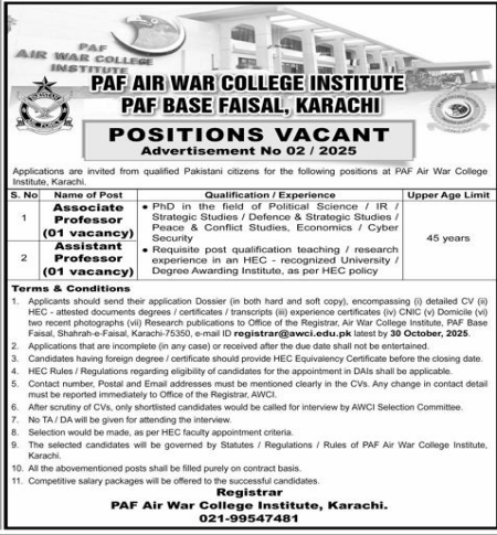 PAF  Air War College Institute PAF Base Faisal Jobs 2025