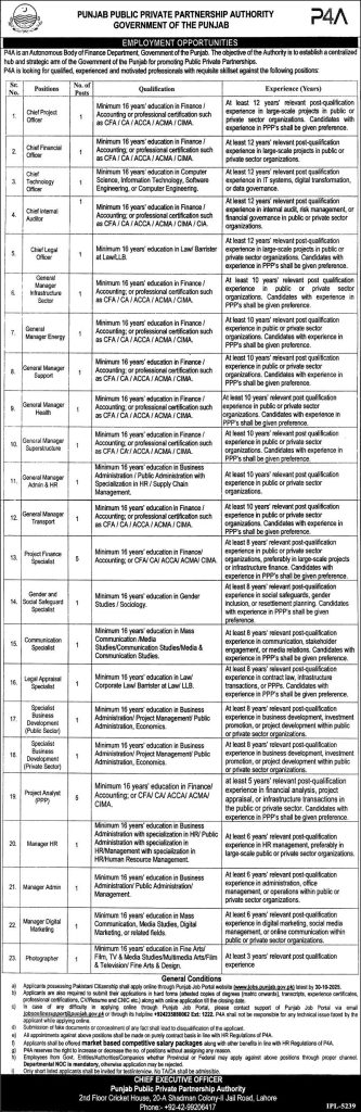 Punjab Public Private Partnership Authority Government of the Punjab Jobs 2025