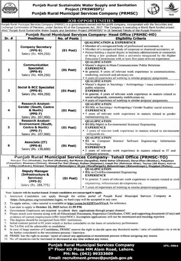 Punjab Rural  Water Supply and Senitation Project Jobs 2025
