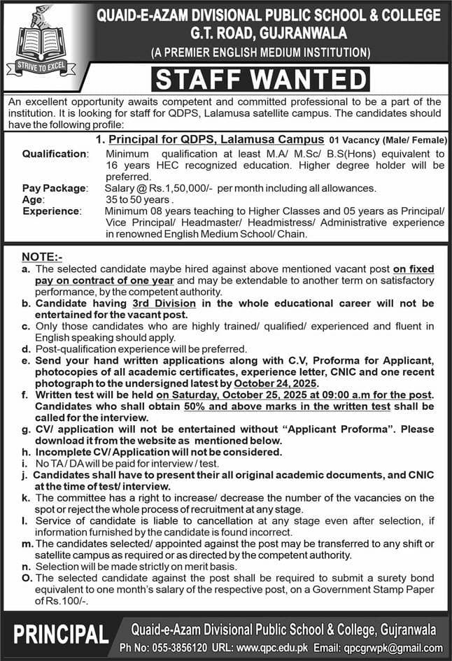Quaid e Azam Divisional Public School and College Jobs 2025