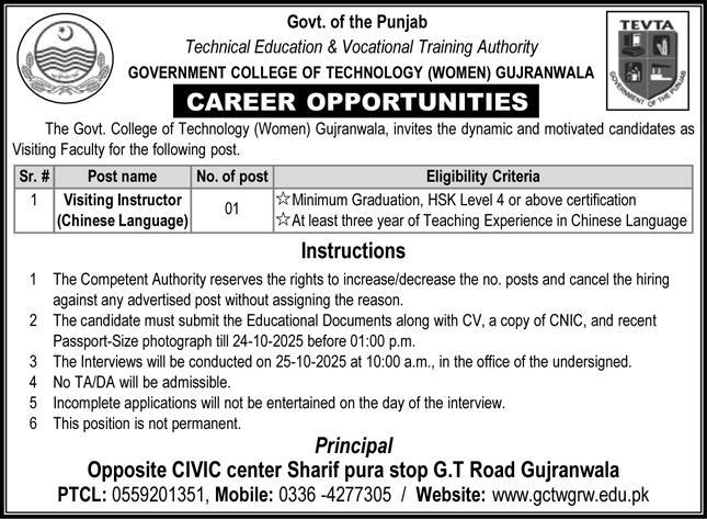 The government college of technology ( women ) Jobs 2025
