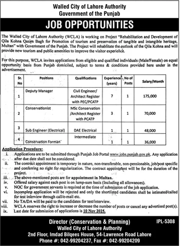 Walled City of Lahore Authority Government of Pakistan Jobs 2025
