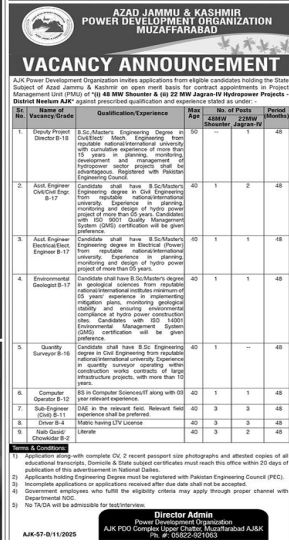 AJK power development organization Jobs 2025