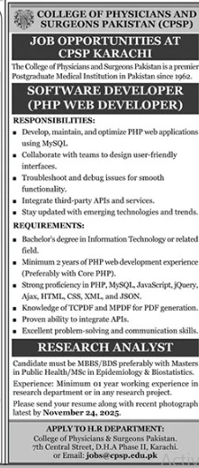 College of physicians and surgeons Pakistan Jobs 2025