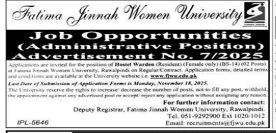 Fatima jinnah women university jobs 2025
