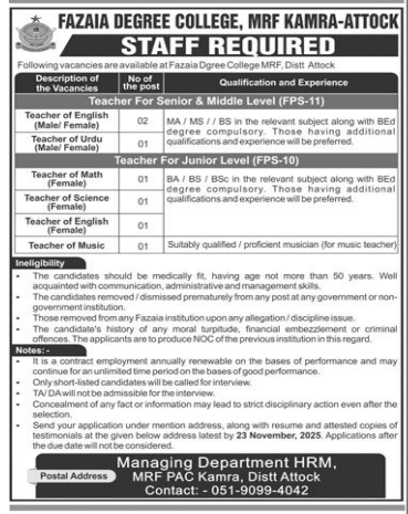 Fazaia degree college Jobs 2025