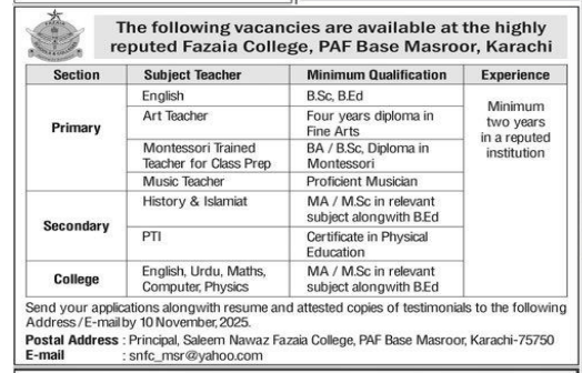 Fazaia college ,PAF base Jobs 2025