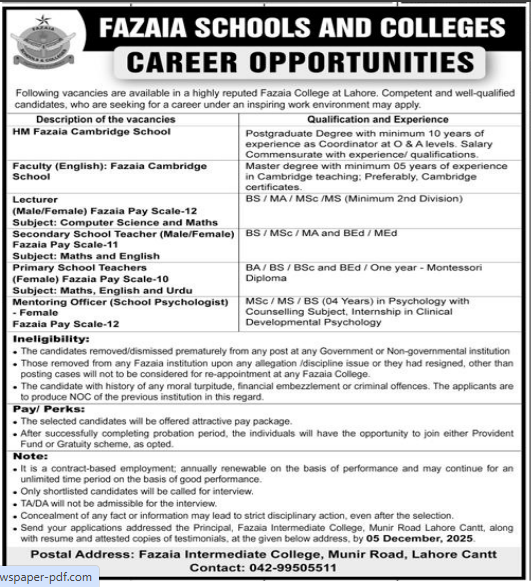Fazaia schools and colleges  Jobs 2025