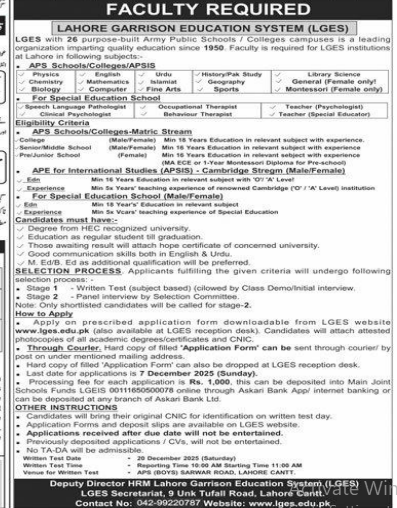 Lahore garrison education system  Jobs 2025