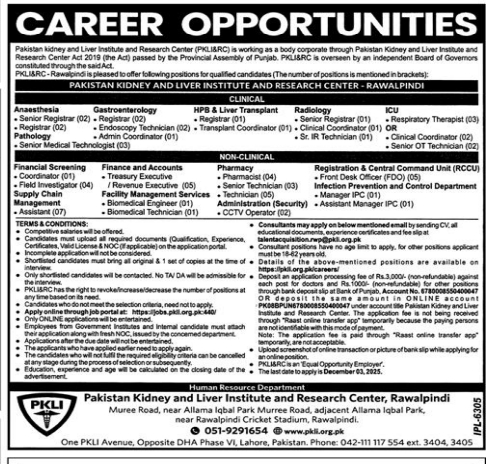 Pakistan kidney and liver institute and research center Jobs 2025