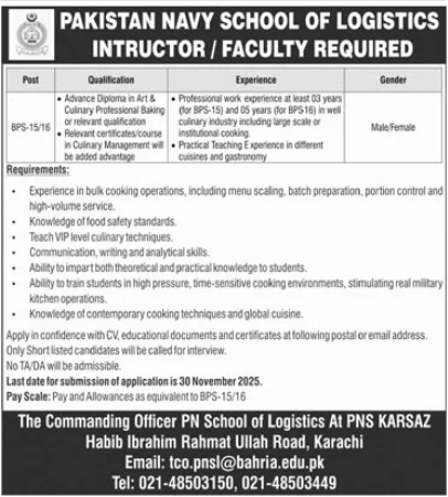 Pakistan navy school of logistics instructor Jobs 2025
