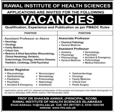Rawal institute of health sciences Jobs 2025