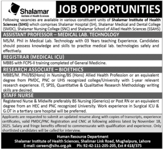 Shalamar institute of health science jobs 2025