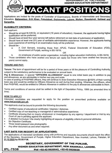 Government of the Punjab higher education department Jobs 2025