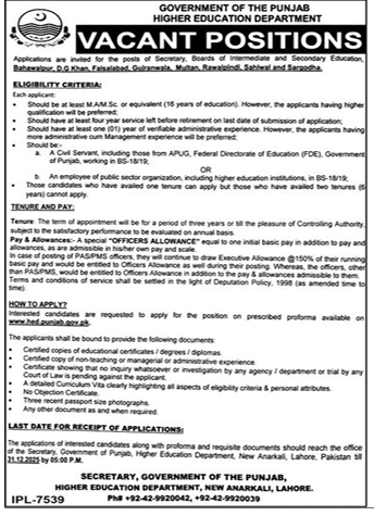 Government of the Punjab higher education department Jobs 2025