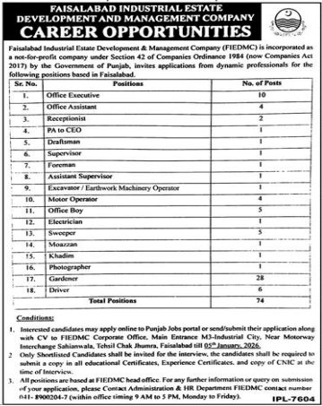 Faislabad industrial estate development and management company Jobs 2025