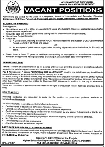 Government of the Punjab higher education department Jobs 2025