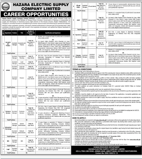 Hazara electric supply company Jobs 2025