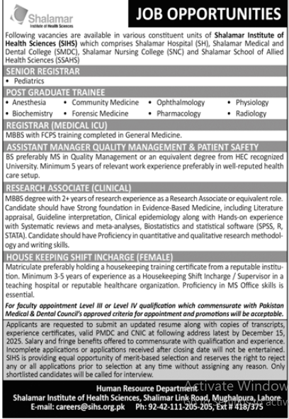 Shalamar institute of health science Jobs 2025