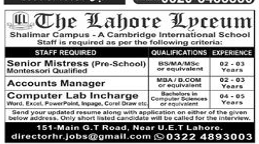 The Lahore luceum Jobs 2025