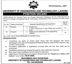 University of engineering and technology Jobs 2025