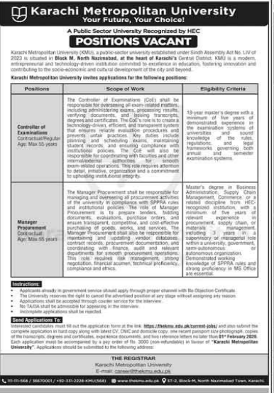 Karachi meteropolitan university jobs 2026