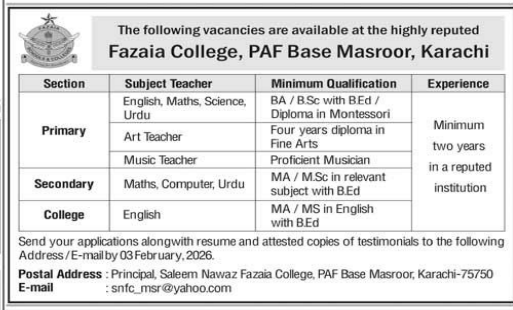 Fazaia college , PAF base masroor , karachi   Jobs 2026