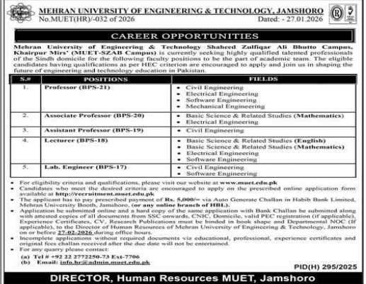 Mehran university of engineering and technology , jamshara jobs 2026