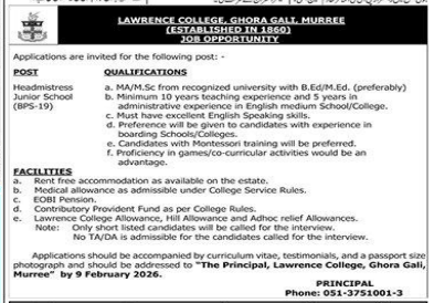 Lawrence college gali , murree   jobs 2026