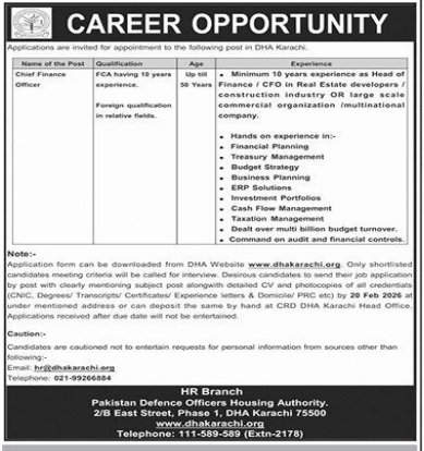 Pakistan defence officers housing authority jobs 2026