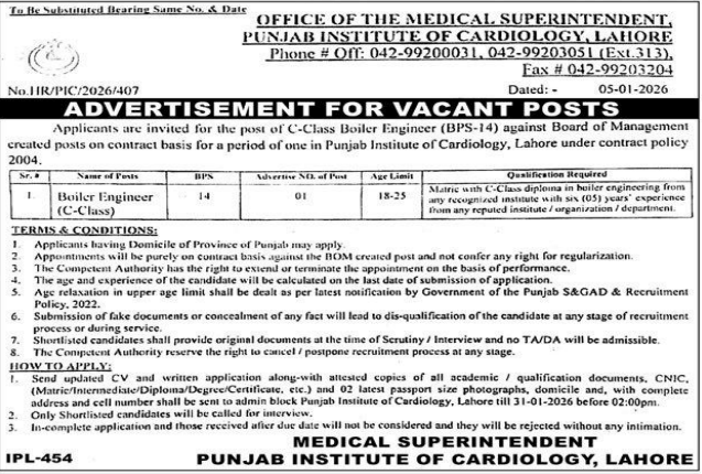 Punjab institute of cardiology  jobs 2026