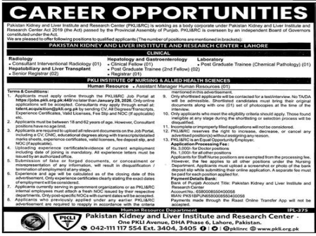 Pakistan kidney and liver institute and research center  jobs 2026