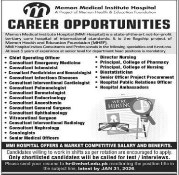 Memon medical institute hospital jobs 2026