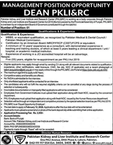 Pakistan kidney and liver institute and research center jobs 2026