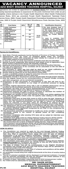 Aziz bhati shaheed teaching hospital  Jobs 2026