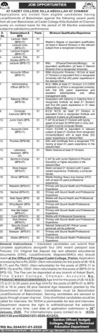 Cadet college killa abdallan at chaman Jobs 2026