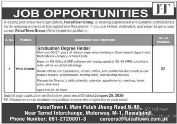 Faisal town group  jobs 2026