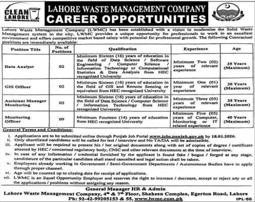 Lahore waste management company  jobs 2026