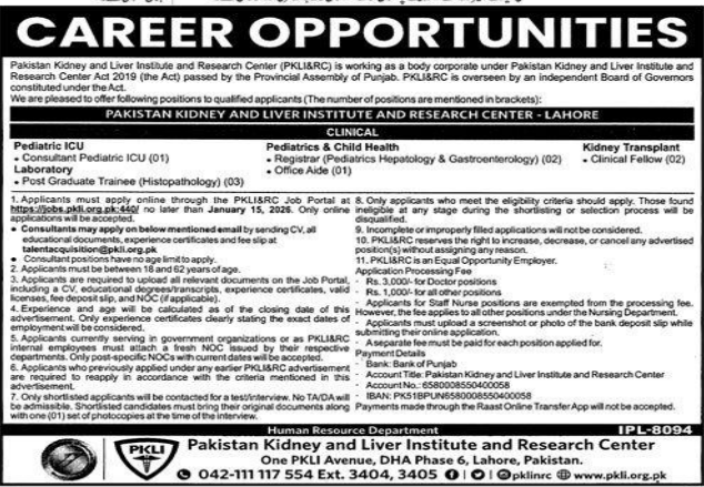 Pakistan kidney and liver institute and research center jobs 2026