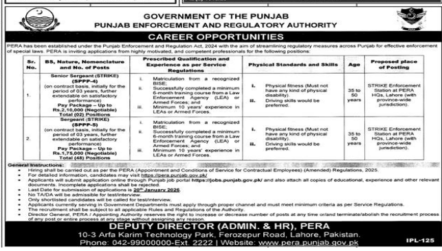 Punjab enforcement and regulatory authority jobs 2026